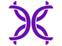Abstract symmetrical purple icon resembling a butterfly or interwoven curves with arrow-like ends.